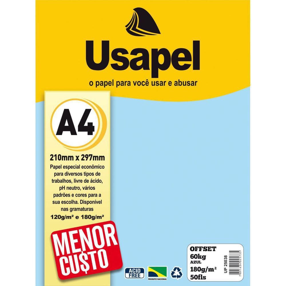 Papel Sulfite A4 Colorido Offset 180G 60K Azul 50Fls