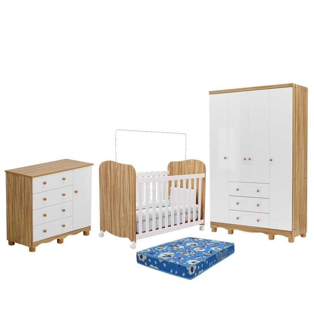 Dormitório Júnior Guarda Roupa 4 Portas, Cômoda 1 Porta e Berço Uli com Colchão Baby Physical - Móveis Peroba
