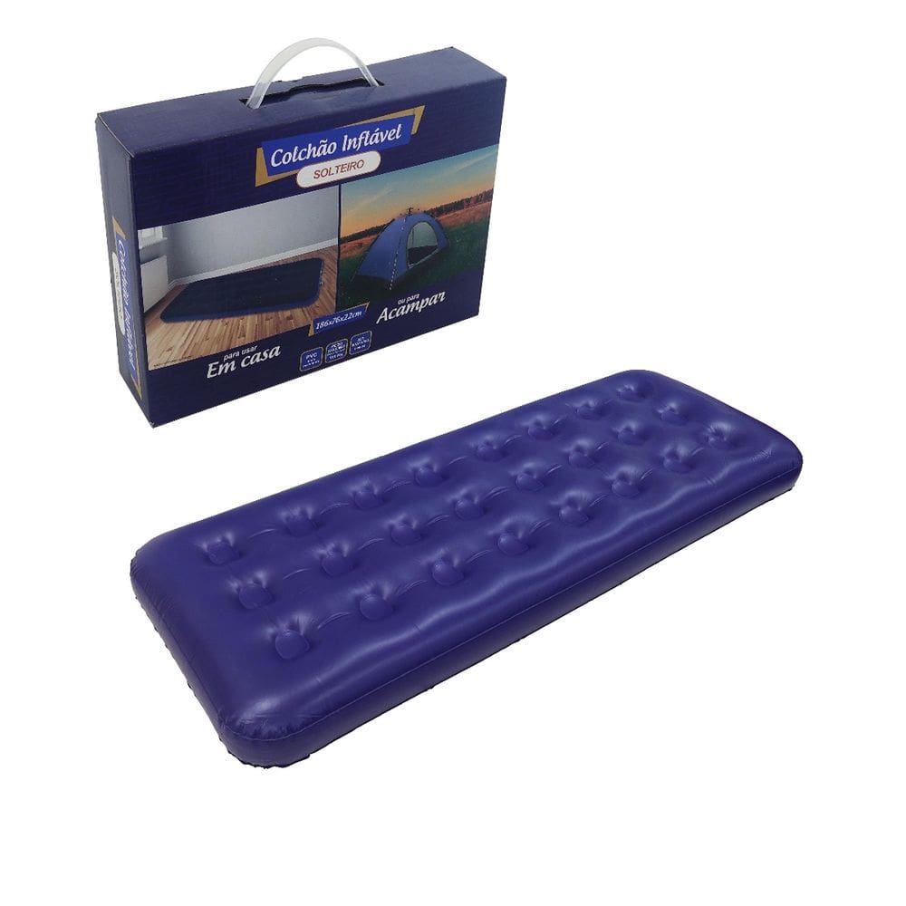 Colchao Inflavel Solteiro Camping + Kit Reparo Cor Azul Top