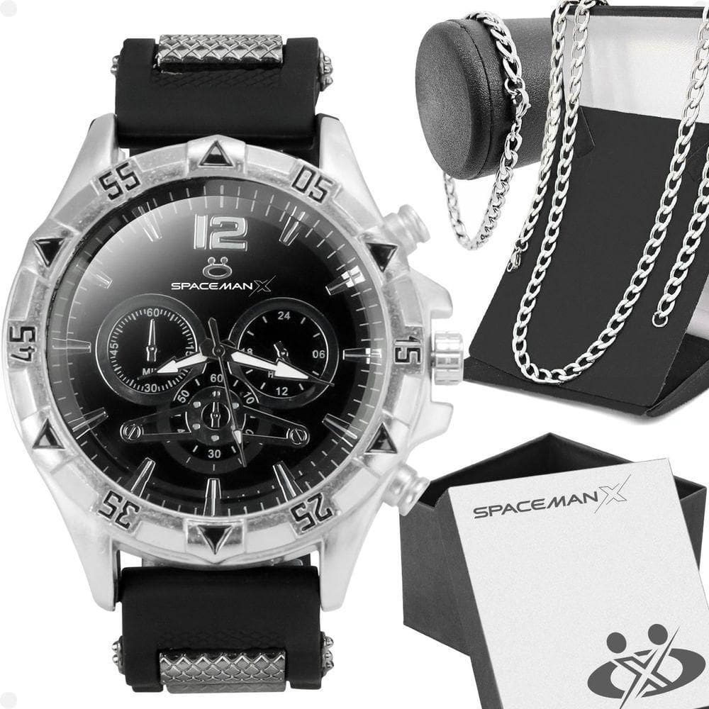 Relogio Masculino Prateado + Pulseira + Cordão Prata Grumet Casual Social Presente Qualidade Premium