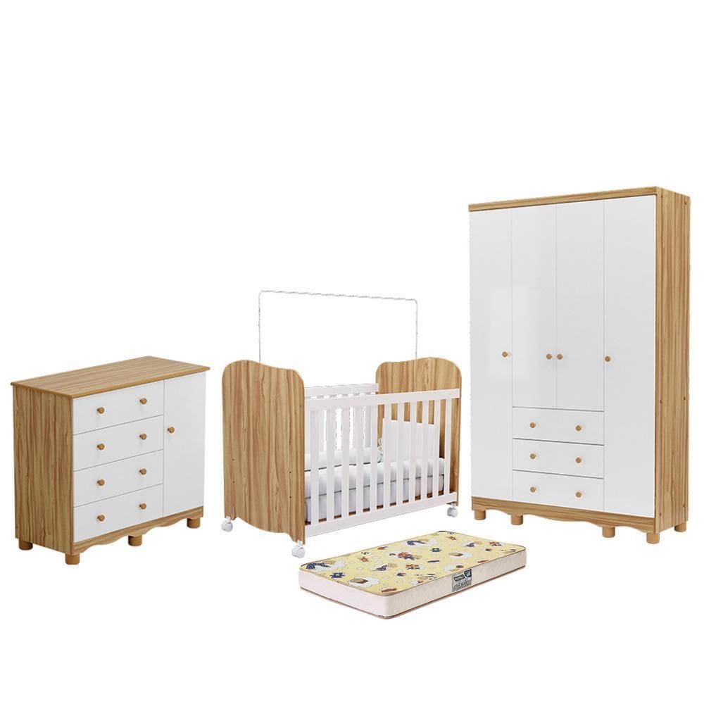 Dormitório Júnior Guarda Roupa 4 Portas, Cômoda 1 Porta e Berço Uli com Colchão Supreme - Móveis Peroba