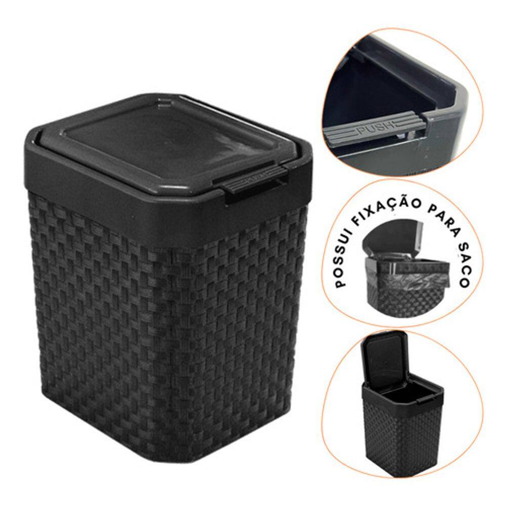 Lixeira de Pia Rattan com Tampa Click Preta 5 Litros Arqplast
