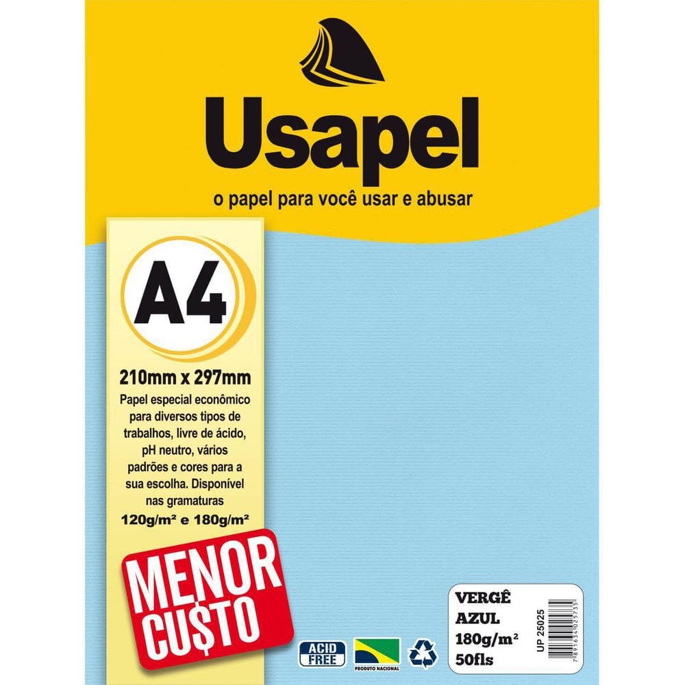 Papel A4 Verge Usapel Azul 180G. Pacote Com 50 Folhas