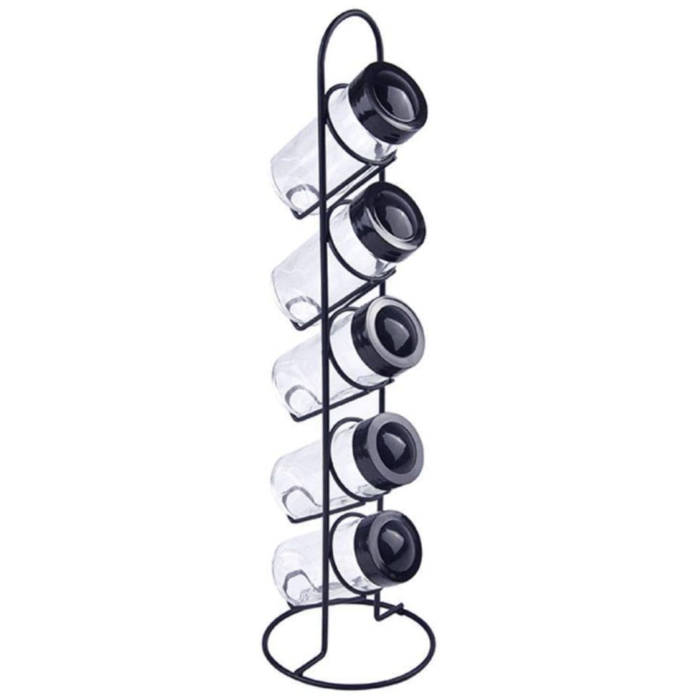 Porta Temperos Condimentos Suporte Metal Preto 5 Potes Vidro