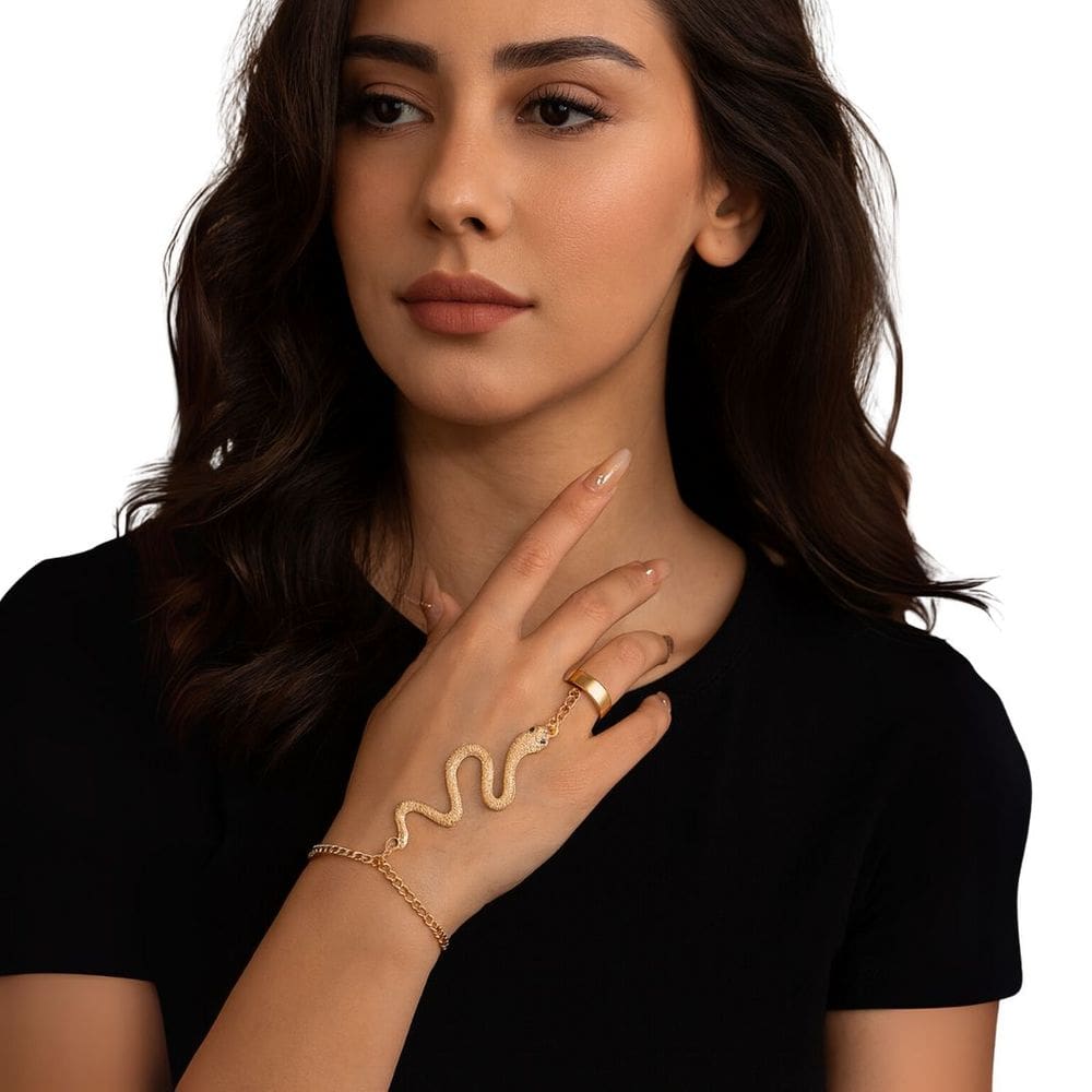 Pulseira com Anel Dourada Cobra Estilo Festa Elegante Luxo