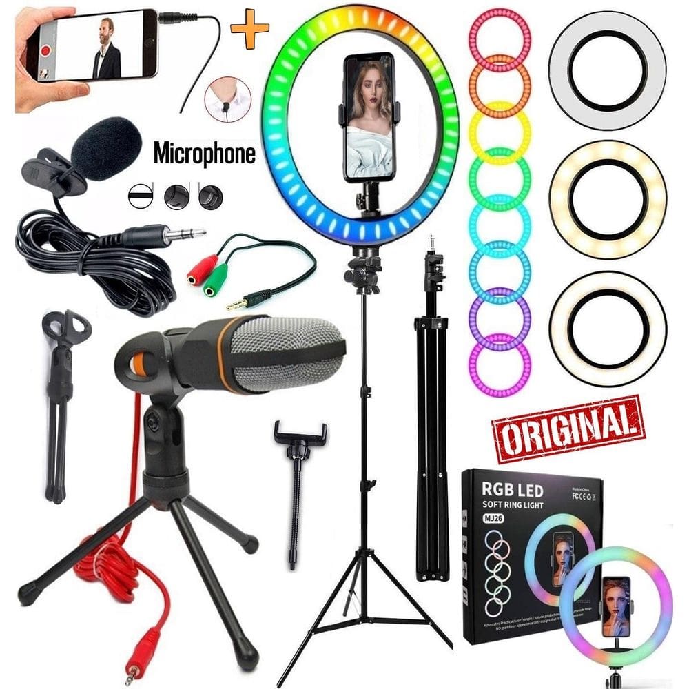 Kit Profissional Hing Light Grande Rgb Suporte Celular Microfone De Mesa + Lapela Tripé 2 Metros Makeup Selfie Completo