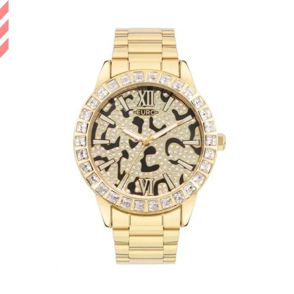Relogio Feminino Dourado Fundo Onça Euro Eu2036Ytg/4P