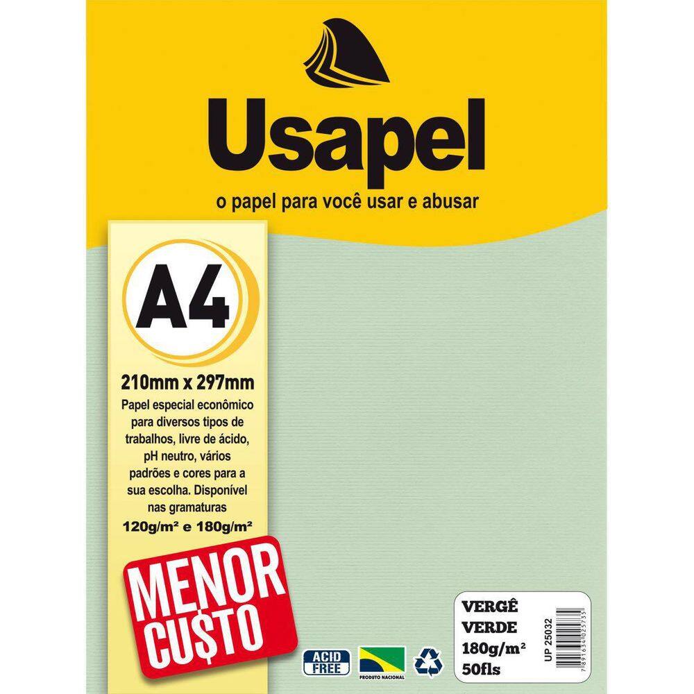 Papel A4 Verge Usapel Verde 180G. Pacote Com 50 Folhas