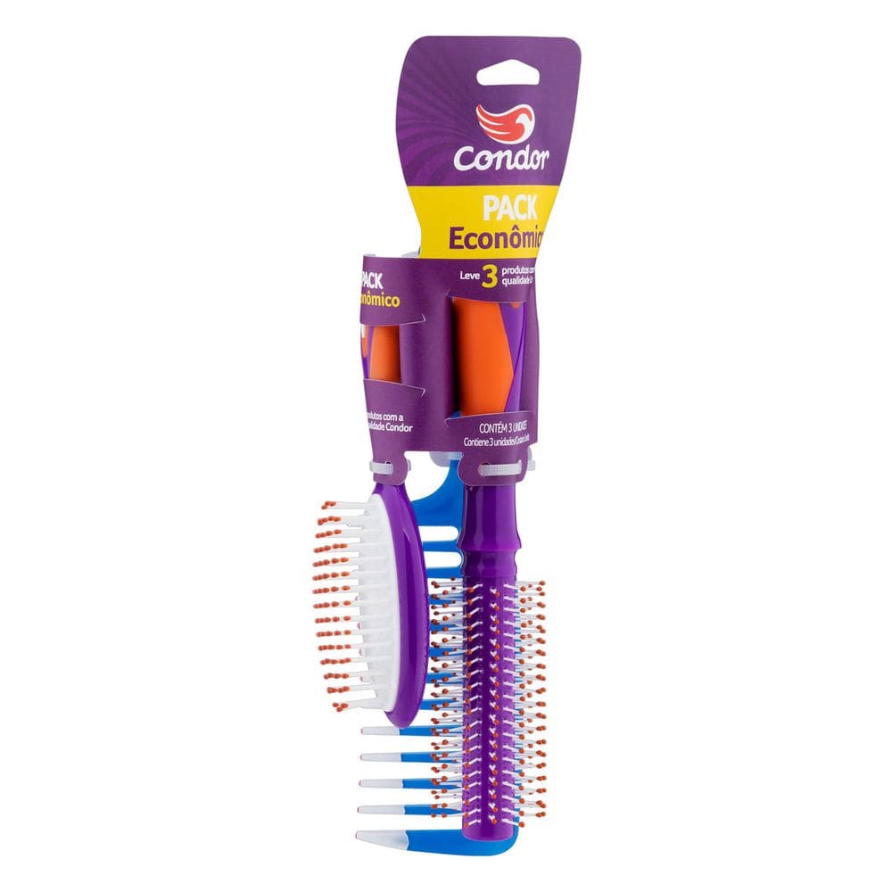 Kit 2 Escovas + 1 Pente Para Cabelo Condor Joy Pack Econômico