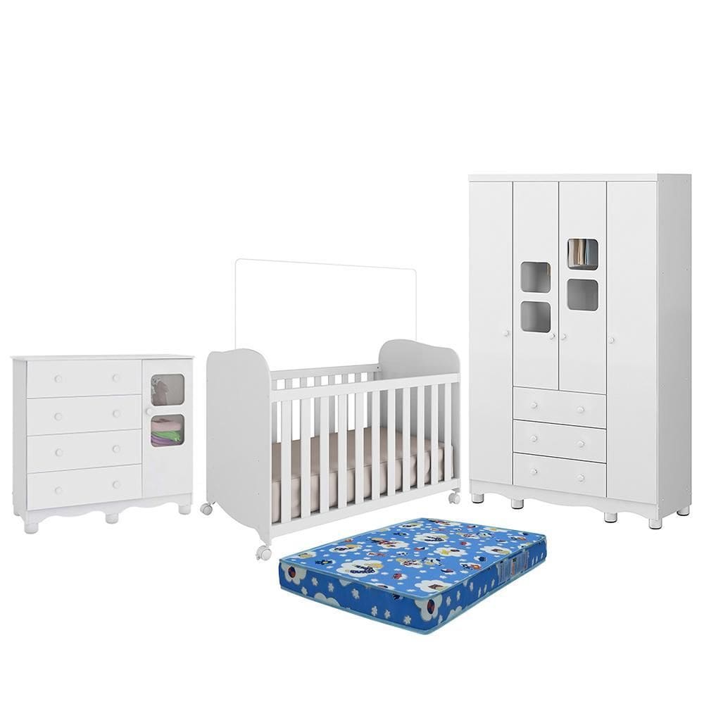 Dormitório Uli Guarda Roupa 4 Portas, Cômoda e Berço com Colchão Baby Physical - Móveis Peroba