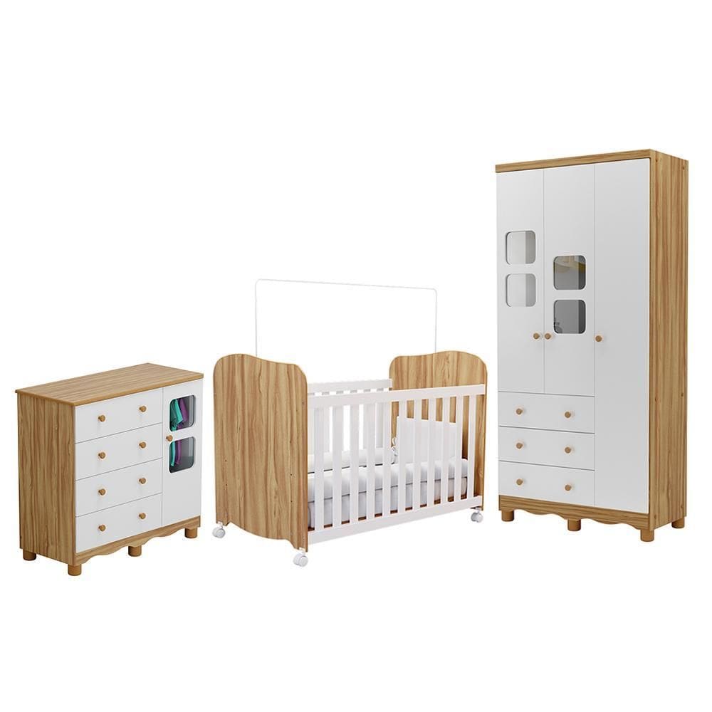 Dormitório Infantil Uli Guarda Roupa 3 Portas, Cômoda e Berço - Móveis Peroba