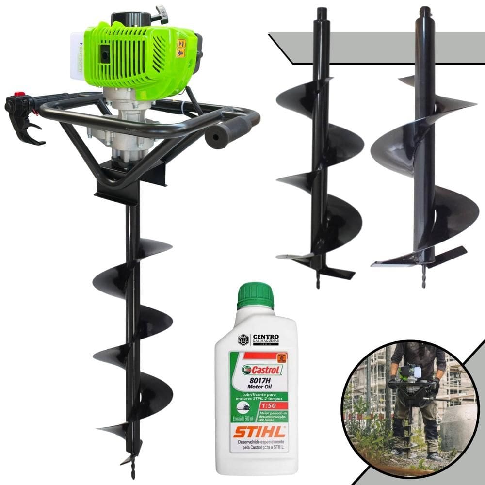 Perfurador de Solo Profissional Menegotti MPS52 À Gasolina 52cc 1,8HP 9.000rpm Para Construção Civil + Brocas 80x20cm, 80x25cm e 80x30cm + ÓLEO STIHL
