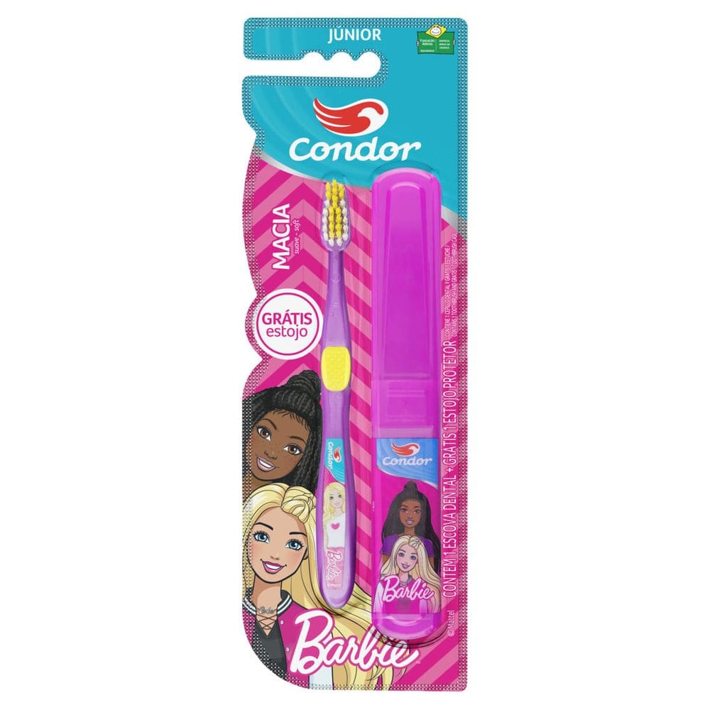 Escova Dental Macia Com Limpador De Língua Barbie Condor Júnior Cabeça P + Estojo Protetor