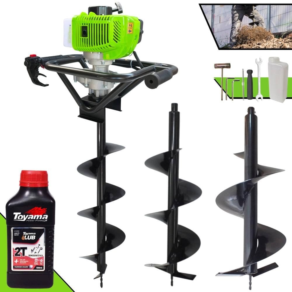 Polaca Cavadeira Motorizada Menegotti MPS-52 À Gasolina 2T 52cc 1,8HP 9.000rpm Perfurador Com Brocas 80x20cm, 80x25cm e 80x30cm + ÓLEO TOYAMA 2T