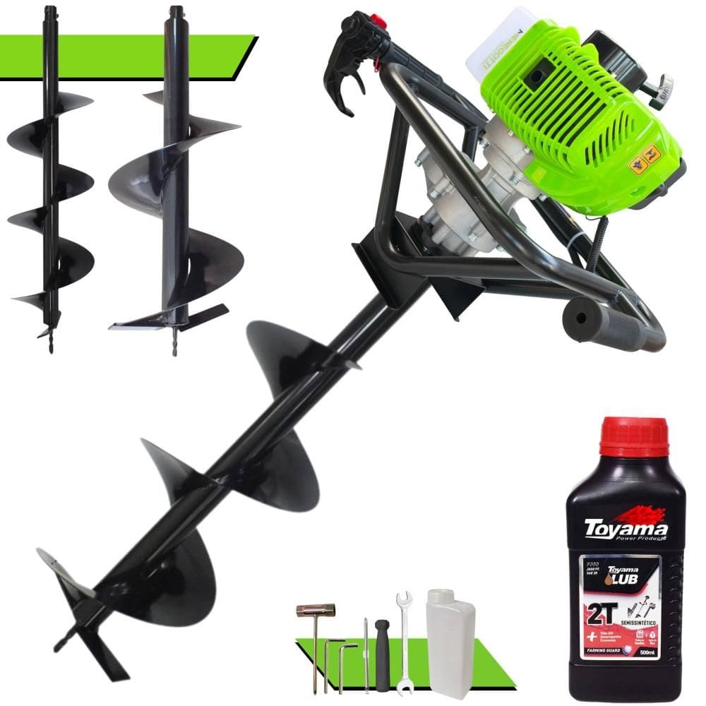 Trado Perfurador de Solo Máquina Fura Terra Menegotti MPS52 À Gasolina 2T 52cc 1,8HO 9.000rpm + Brocas 80x20, 80x25 e 80x30 + EXTRA ÓLEO TOYAMA 2T