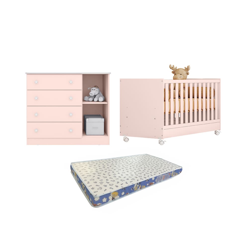 Tudo o que Seu Bebê Precisa P Dormir Bem Berço Americano + Cômoda Doce Sonho e Colchão Ortobom-Qmovi