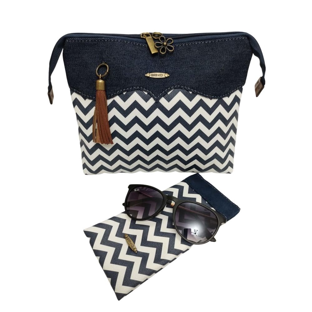 Conjunto Necessaire E Porta Óculos Azul Chevron