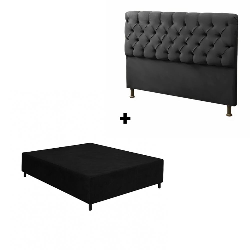 Base Cama Box Casal + Cabeceira Preto 138x188cm