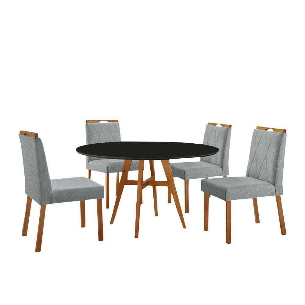 Conjunto Sala De Jantar Mesa Atenas Madeira Maciça 110cm Tampo Redondo Vidro Preto Com 4 Cadeiras Bela Linho Cinza