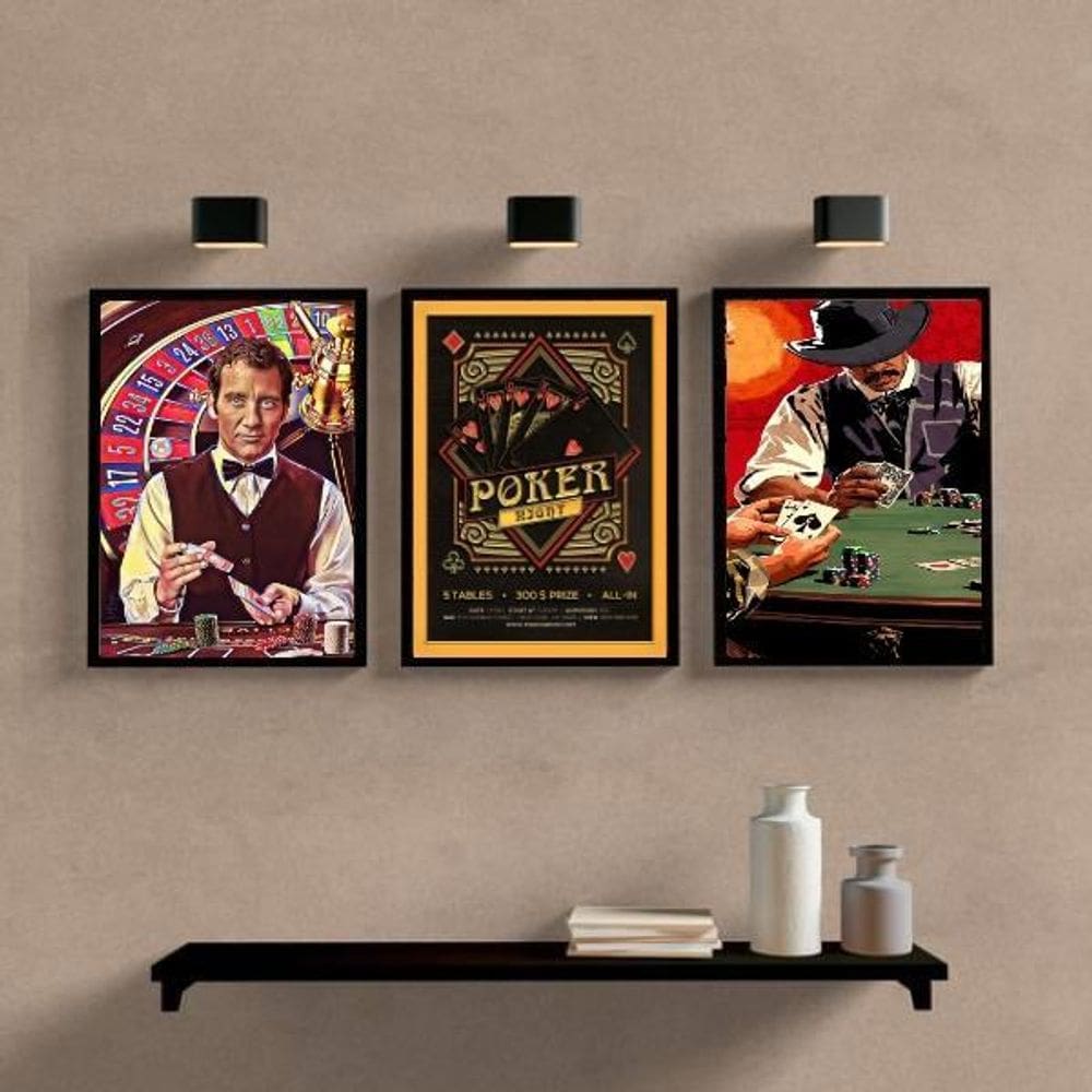 Kit 3 Quadros Baralho Poker Night 24X18Cm - Madeira Preta
