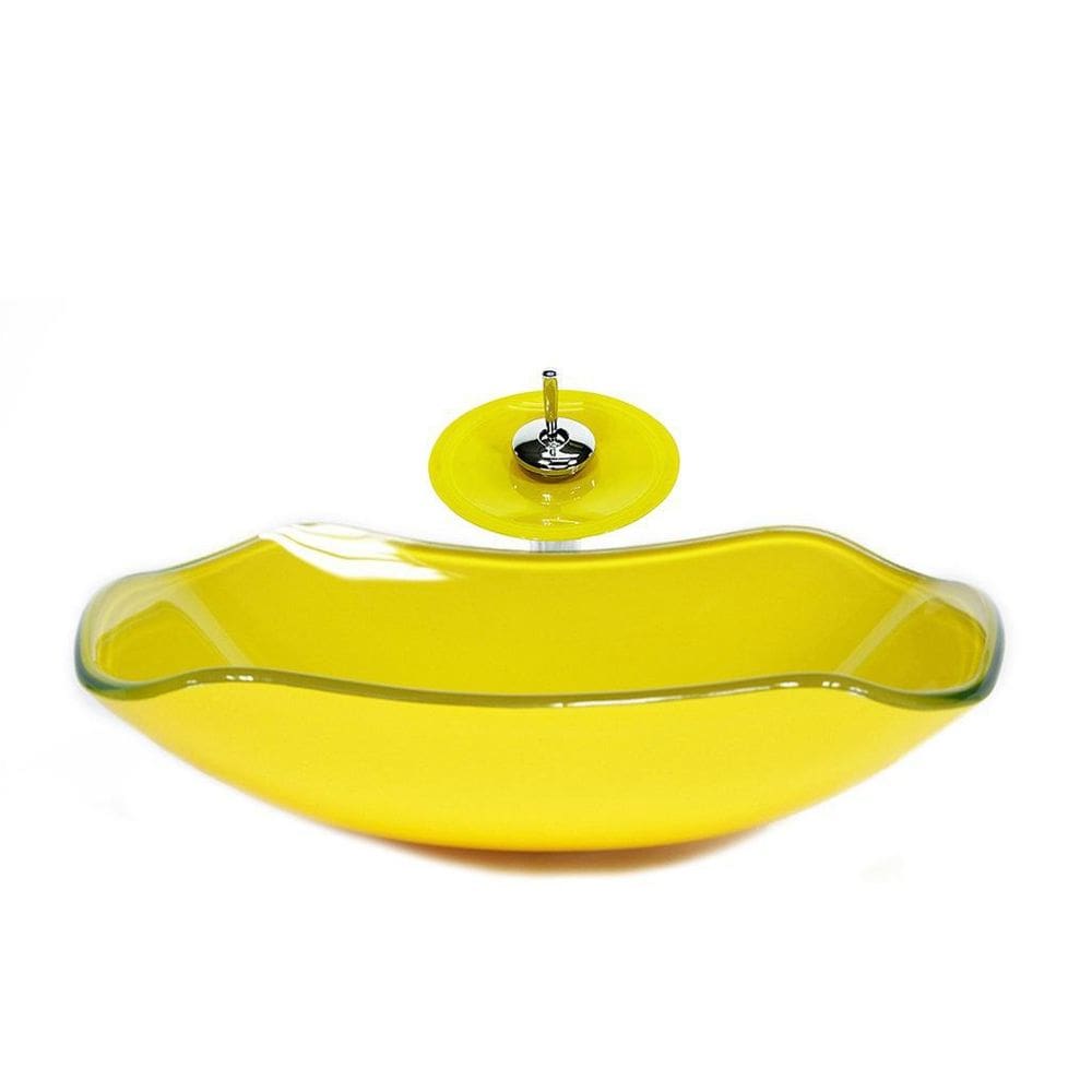 Cuba De Vidro Abaulada 51Cm Amarelo + Válvula + Torneira