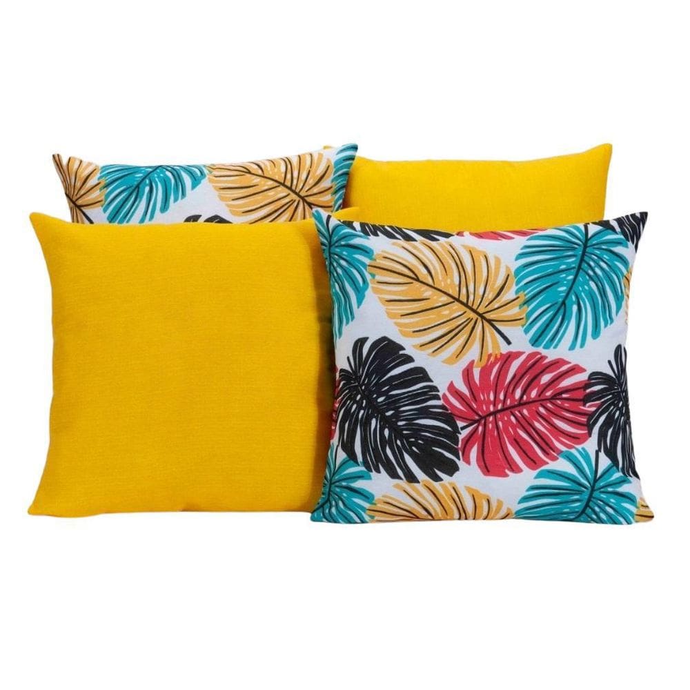 Kit 4 Capas De Almofadas Amarelo Com Folhas Coloridas