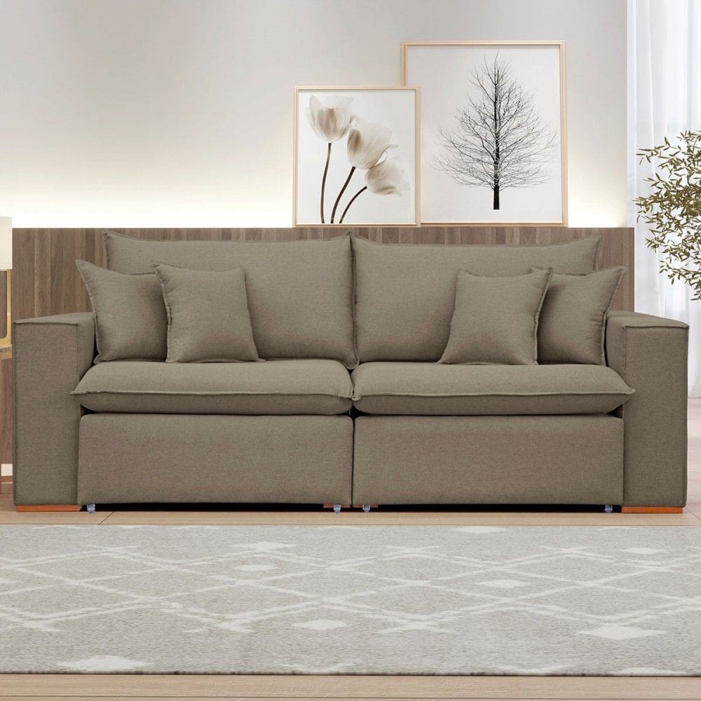 Sofá 4 Lugares Barcelona Retrátil Veludo/Bege Escuro - Celflex