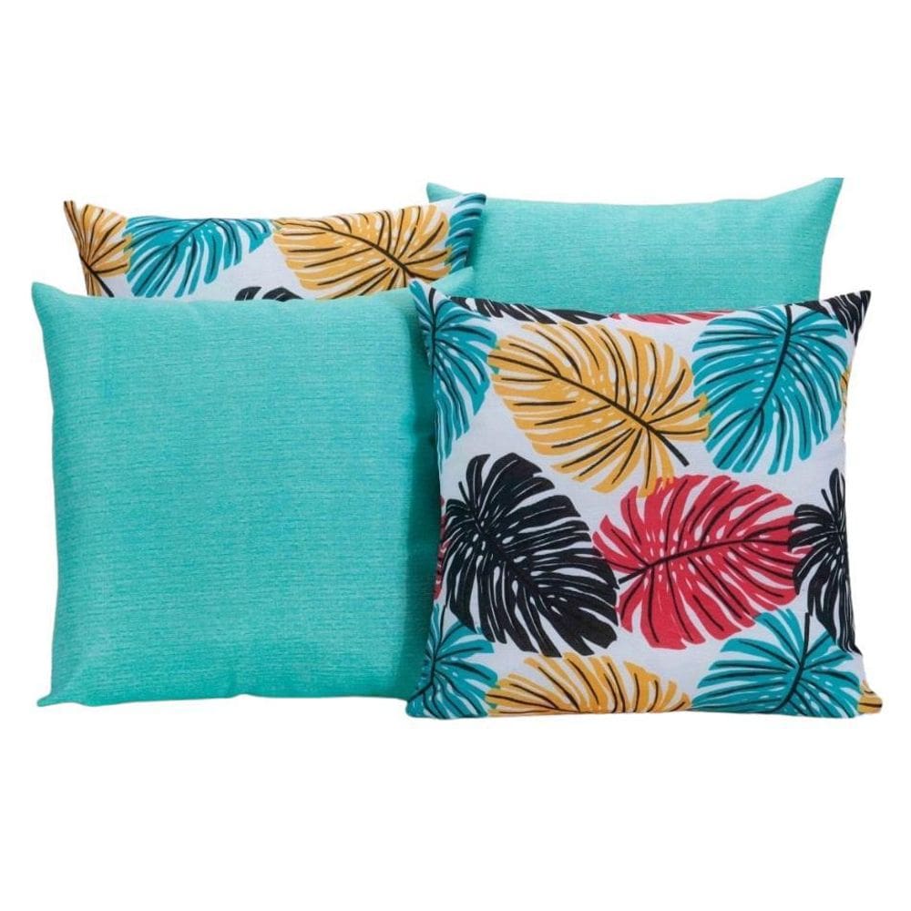 Kit 4 Capas De Almofadas Azul Turquesa Com Folhas Coloridas