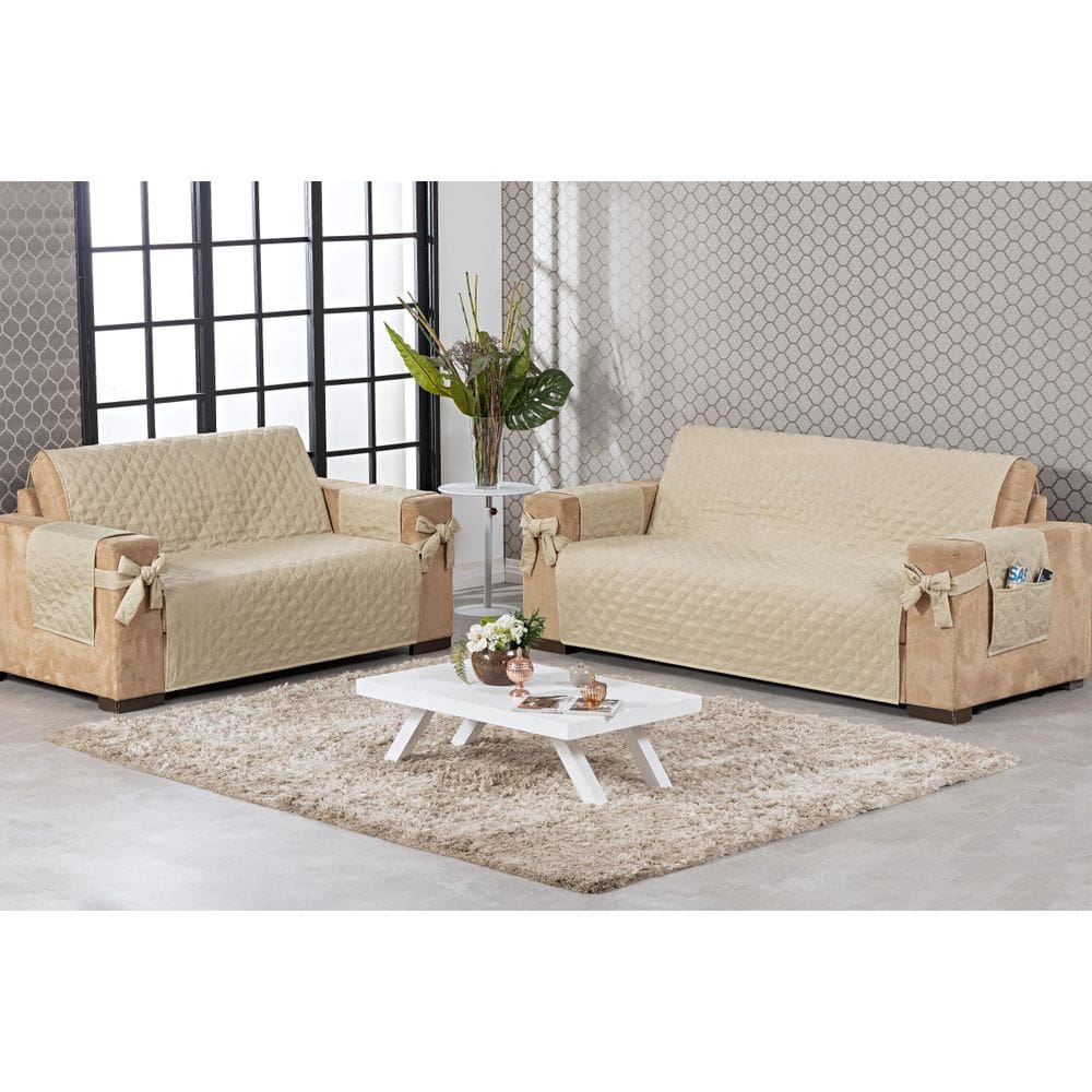 Kit Capa Protetora De Sofá 2 E 3 Lugares Com Laço Bege