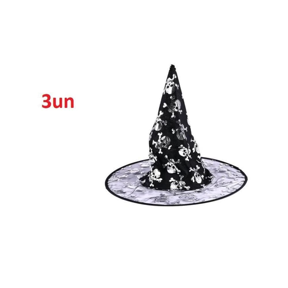 Chapéu De Bruxa Preto Com Estampa Caveira Kit 3Un