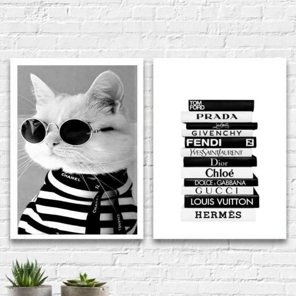 Kit 2 Quadros Fashion Gatinho Livros Moda 24X18Cm - Vidro