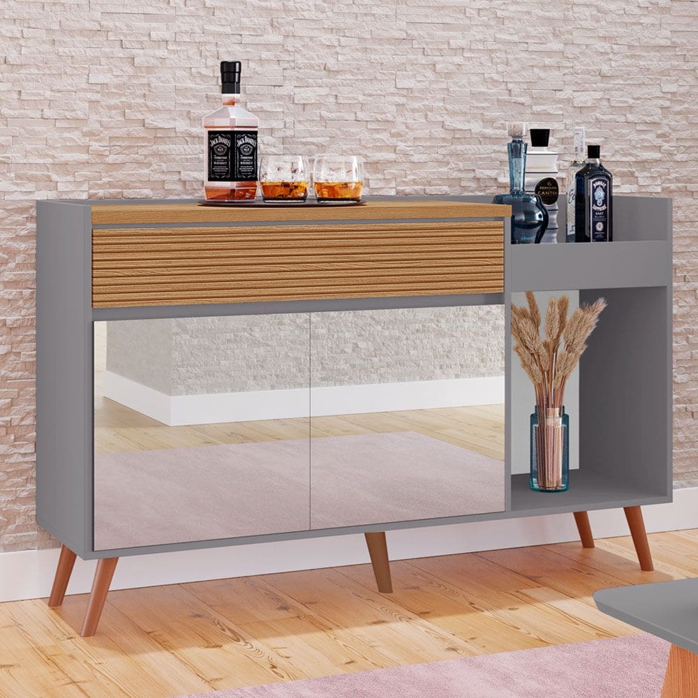 Buffet Nova York 100% MDF 2 Portas 1 Gaveta Pés Estilo Retrô e Espelho Tuboarte