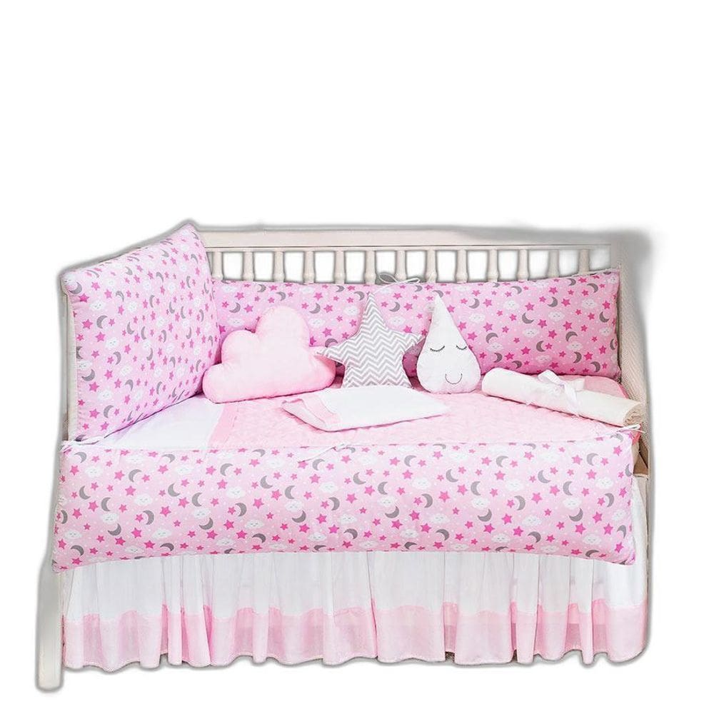 Kit Berço Protetor Lateral Nuvem Chuva De Benção Rosa 8 Peçs