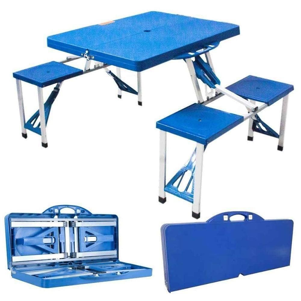 Mesa Dobrável De Camping Com 4 Banquetas Compacta Resistente E Ideal Para Lazer Ao Ar Livre - Azul