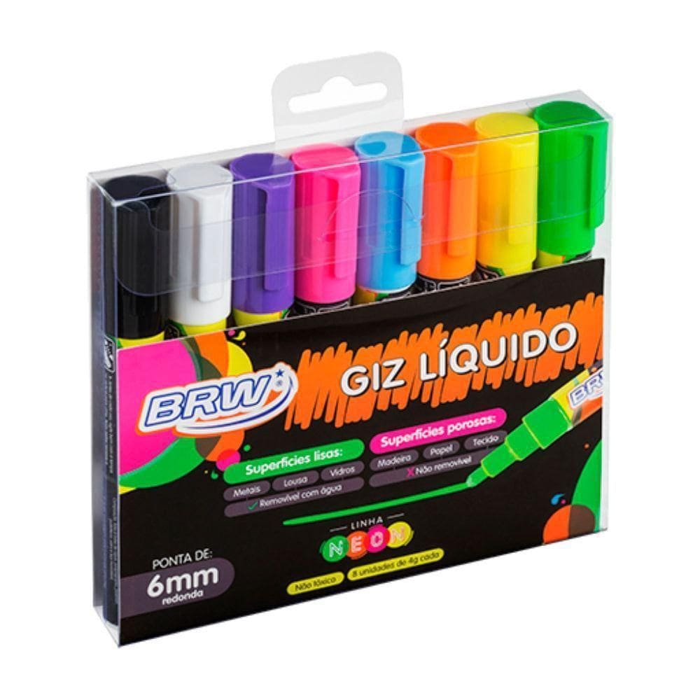 Kit Giz Líquido 8 Cores Neon Duas Pontas Redonda/Chanfrada