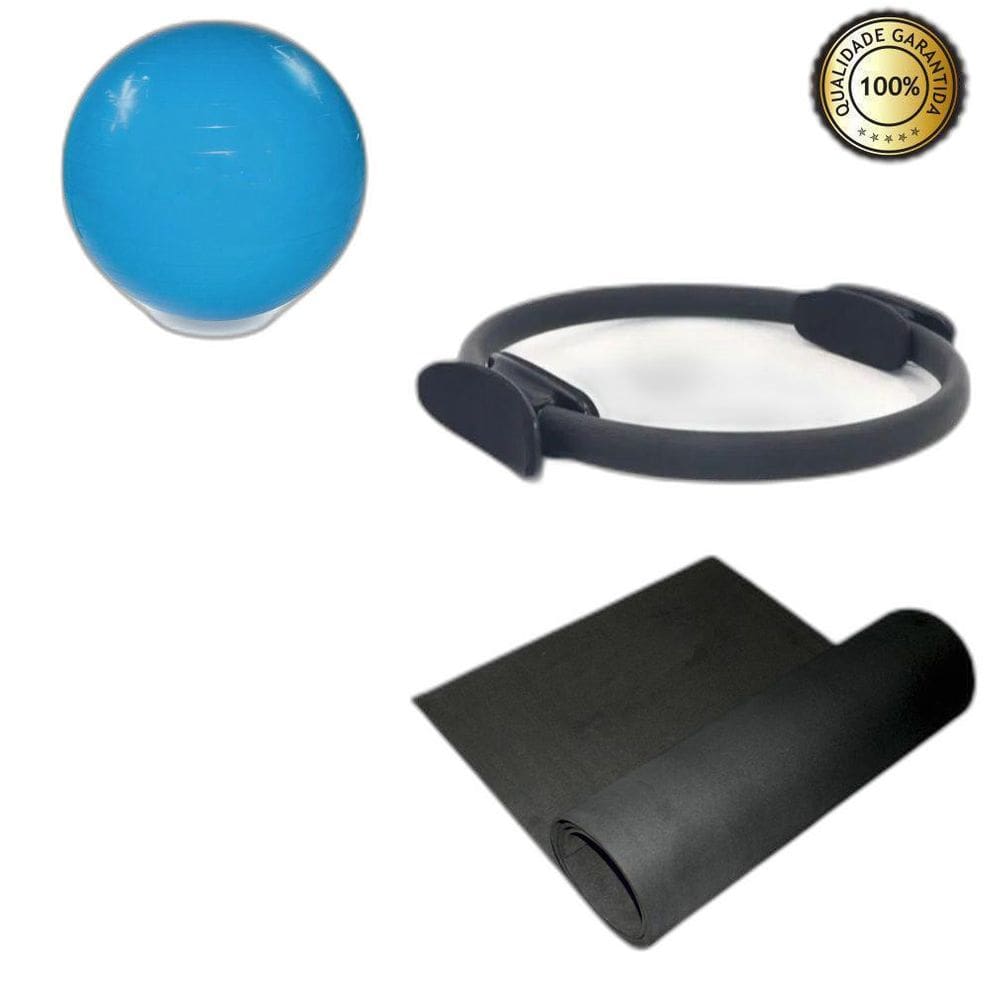 Kit Yoga Pilates Anel + Tapete 1,80 Preto+ Bola 55Cm +Faixa