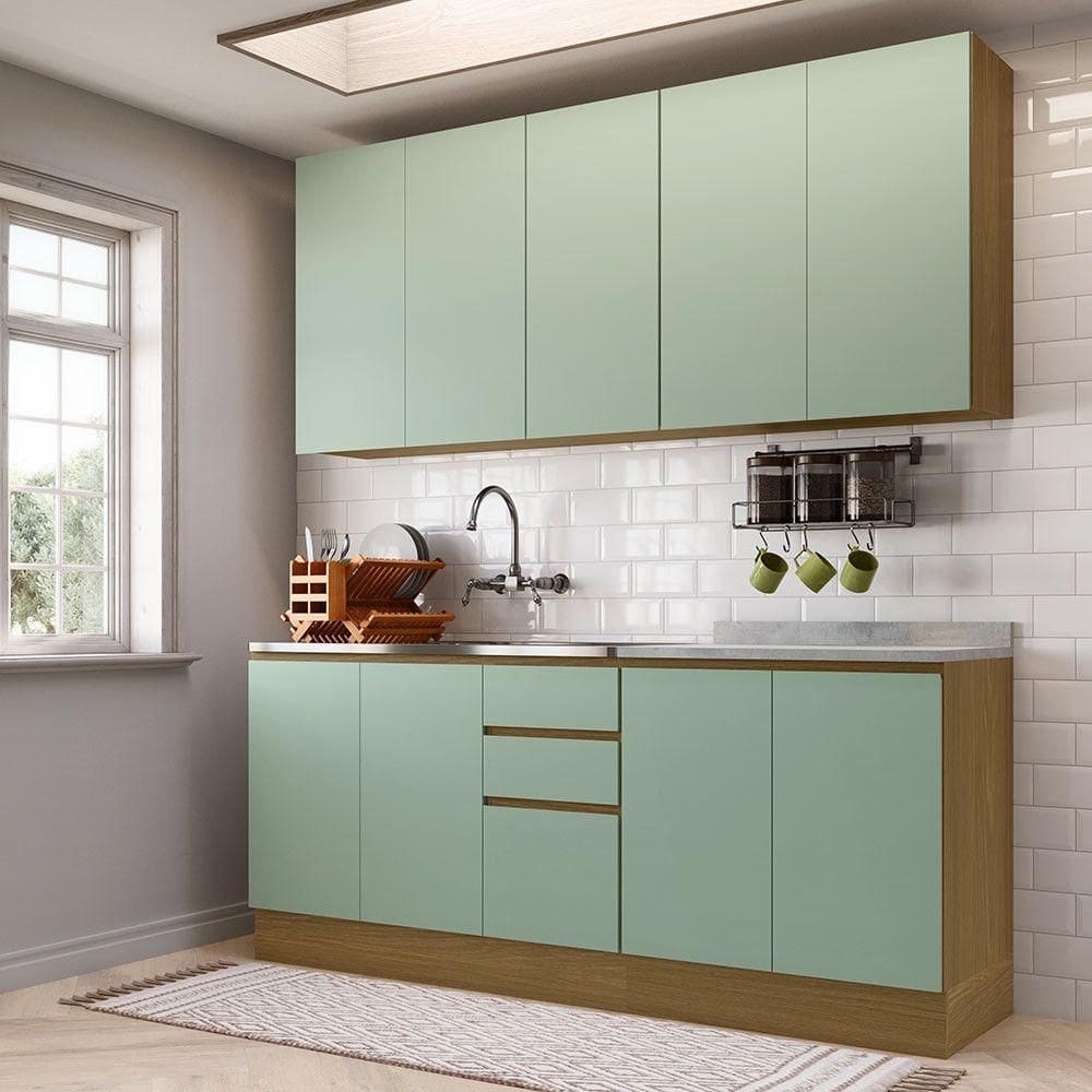 Cozinha Compacta 4 Pçs Tampo 200cm Slim Luciane Móveis Freijó/verde Jade
