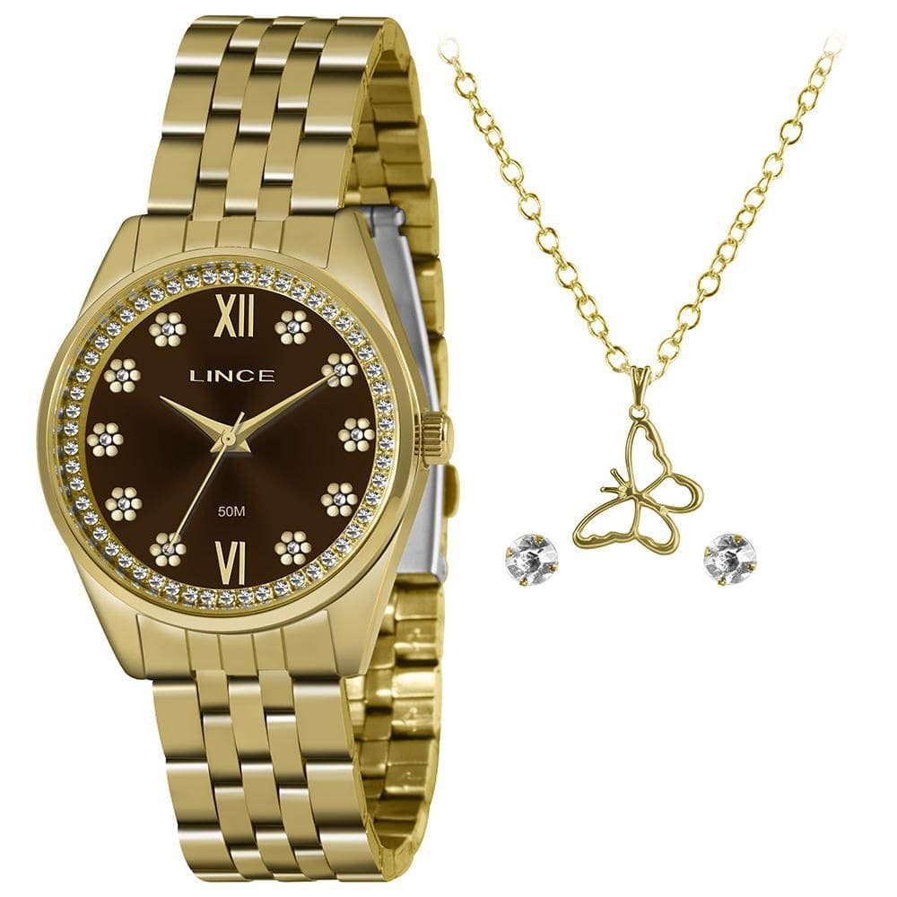 Relógio Lince Feminino Dourado + Colar e Brincos