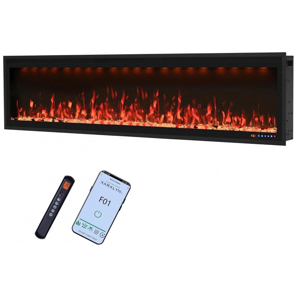 Lareira Elétrica Valuxhome 187,96 cm, Montagem na Parede e Embutida, Design Ultra Fino, Chama e Luz Ajustáveis, Decoração de Cristal e