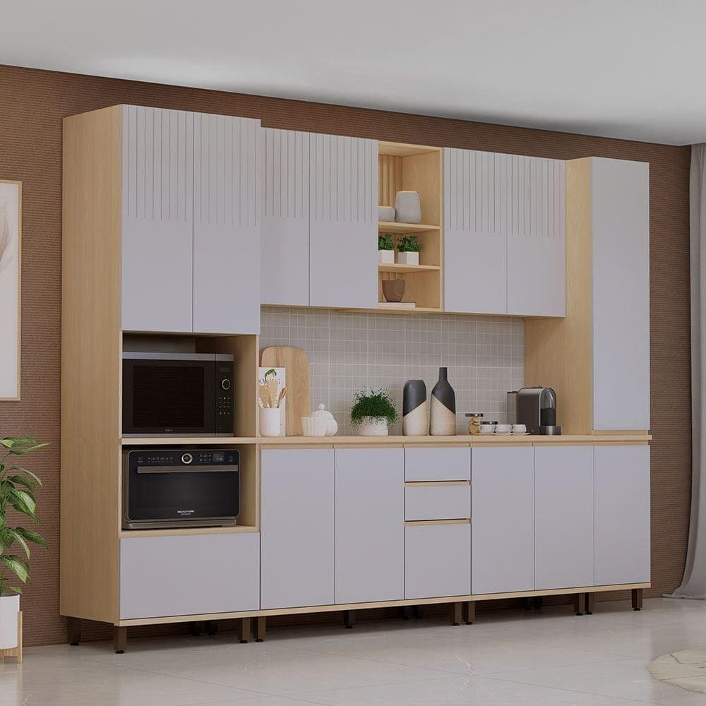 Cozinha Completa 6 Pçs Espaço Micro-ondas E Tampo 310cm Aur Carvalho/cinza Cristal