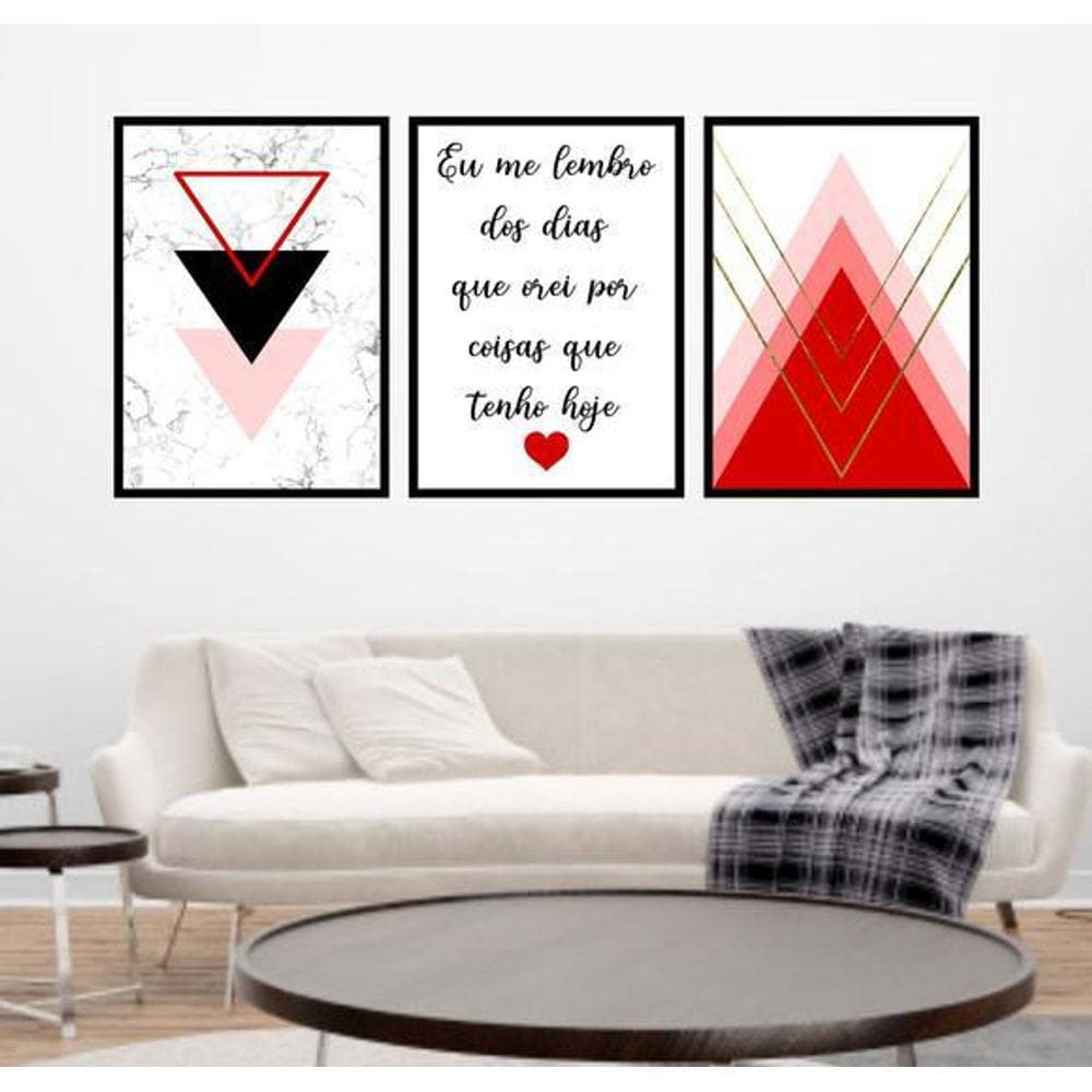 Kit 3 Quadros Geométrico Eu Lembro Vermelho 24X18Cm