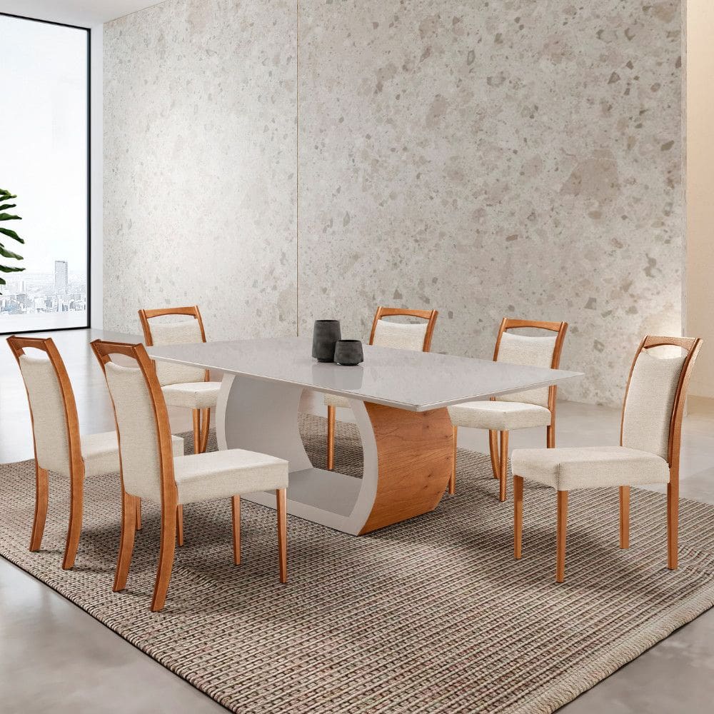 Mesa Ellis 180cm Tampo Com Vidro Laqueado com 6 Cadeiras Munique