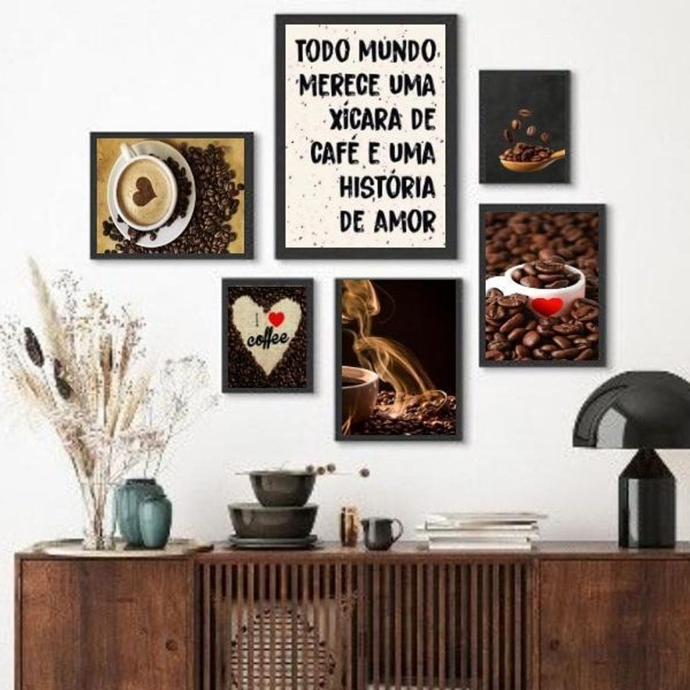Composição 6 Quadros Decoratrivos Café- Amor - Com Vidro