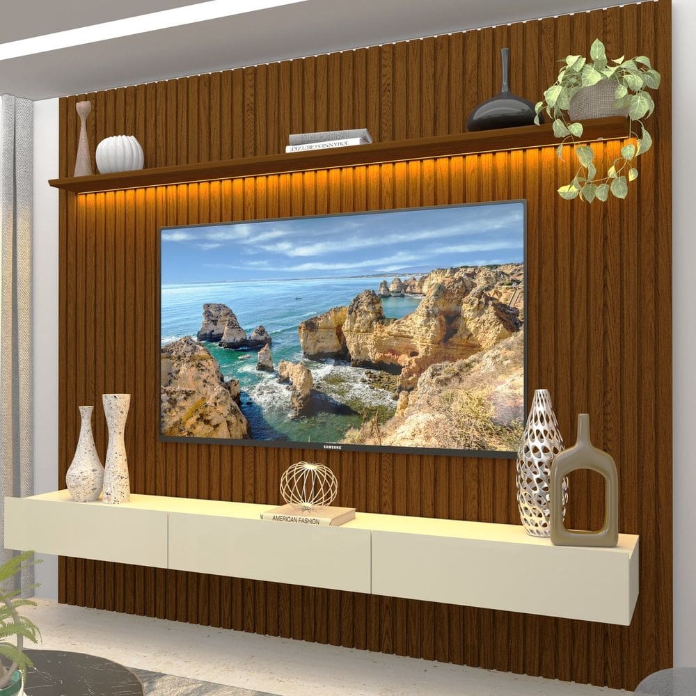 Painel para TV até 90 Polegadas 229x250cm Ripado com LED 3 Gavetas 100% MDF Castanho/Off White