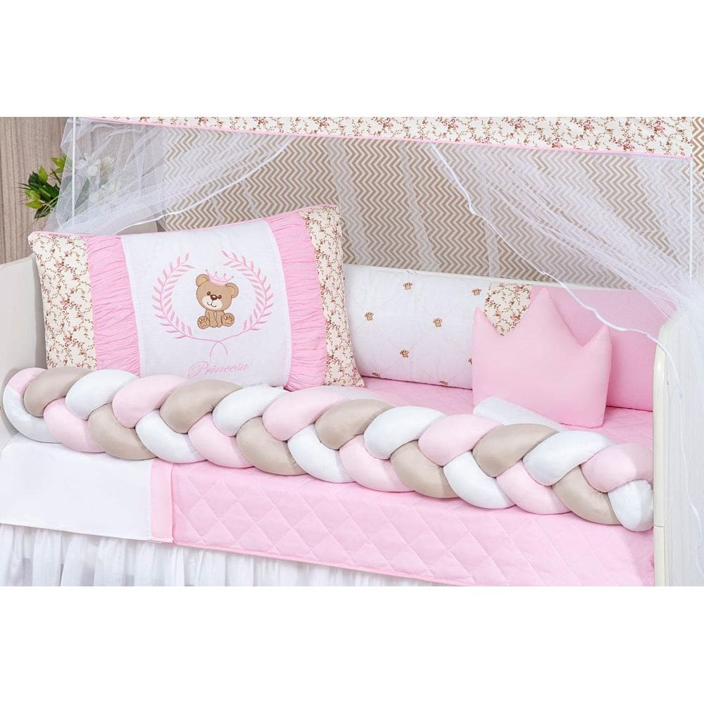 Trança Protetor Lateral Berço Avulsa Menina Rosa Bege Grande