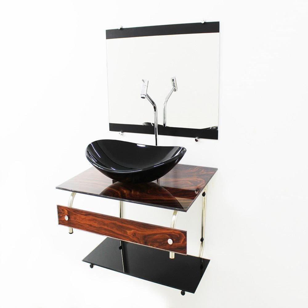 Gabinete De Vidro 60Cm Inox Com Cuba Oval - Madeira Nogueira
