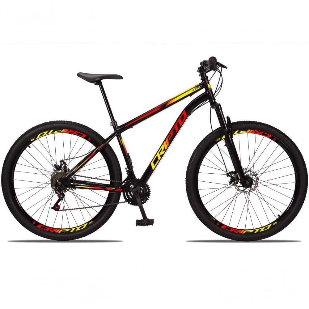 Bicicleta Aro 29 Aço Carbono 21V Cripto Freios A Disco Quadro 17 Preto Amarelo Vermelho