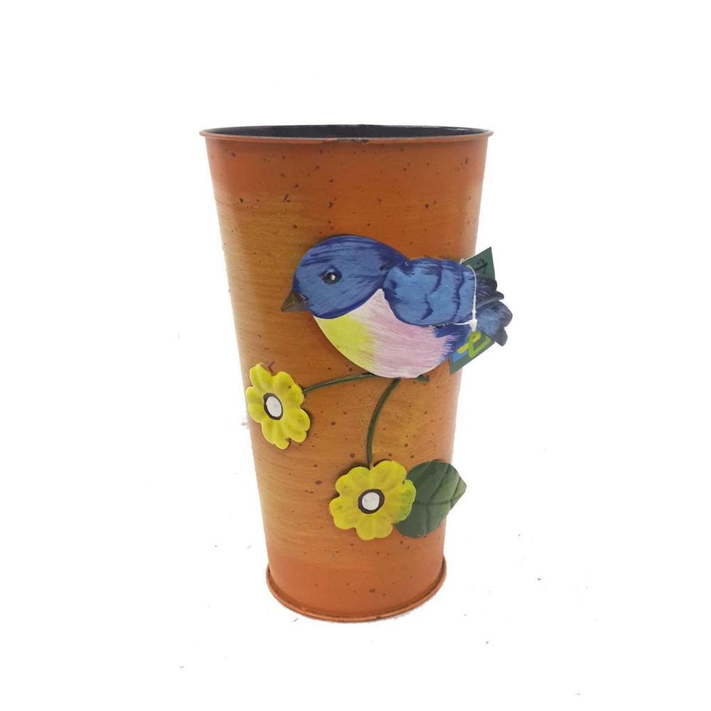 Vaso Enfeite Jardim Quintal Passaro Flor Ferro Laranja