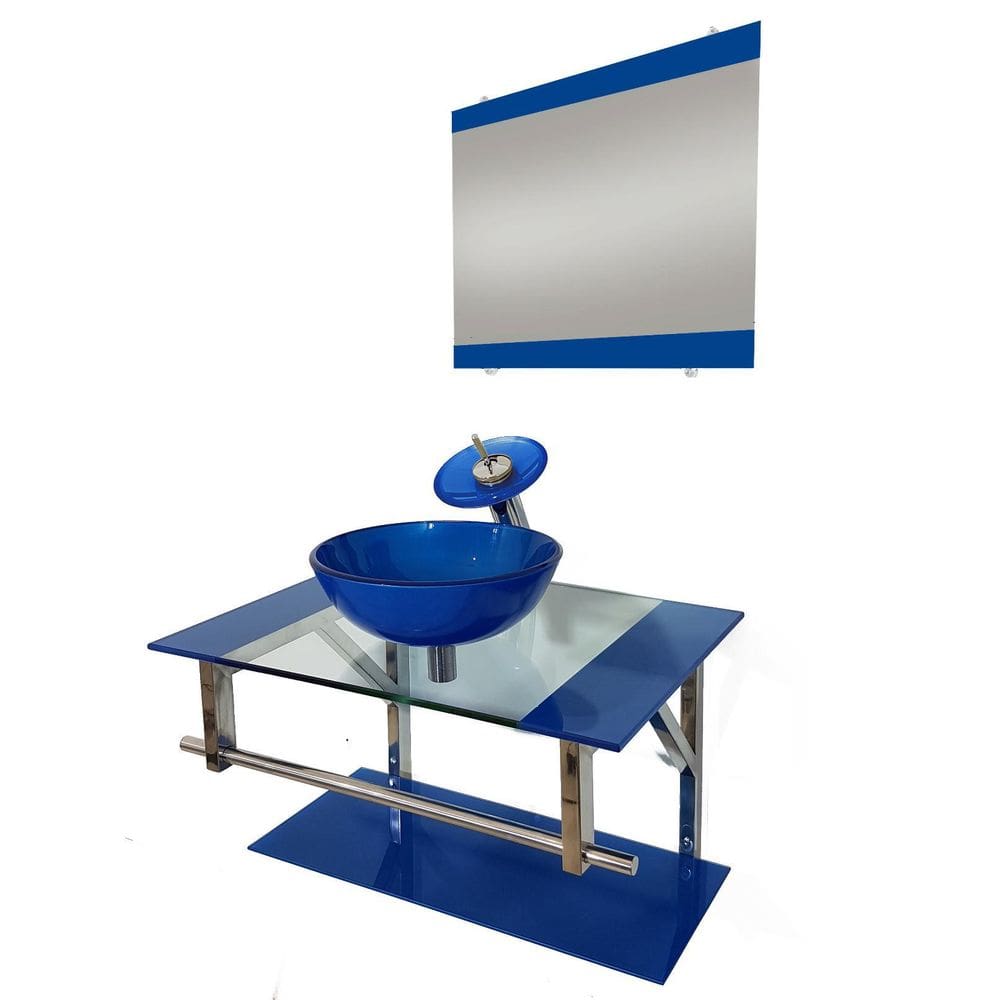 Gabinete De Vidro 70Cm Iq Inox Com Cuba Redonda Azul Escuro