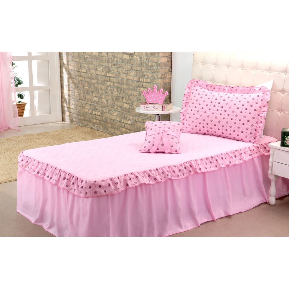 Kit Colcha Solteiro 3 Peças Infantil Juvenil Menina Princesa com Babados Rosa